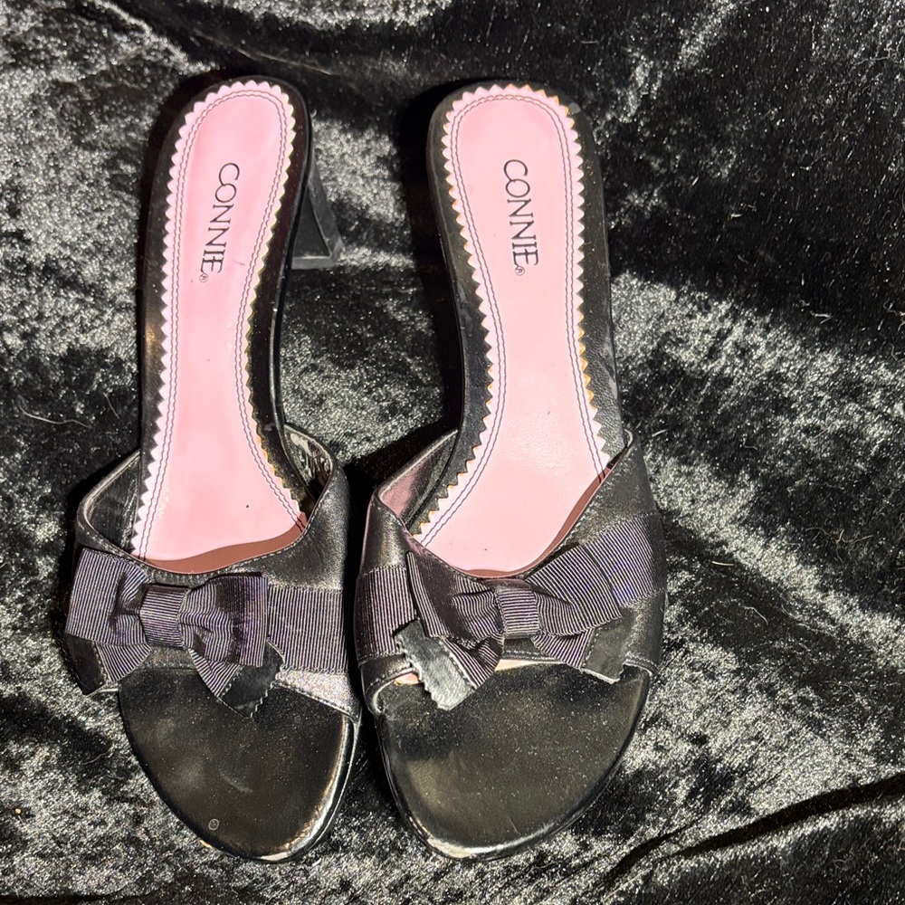 Connie Women's Black Heeled Slides with Bow